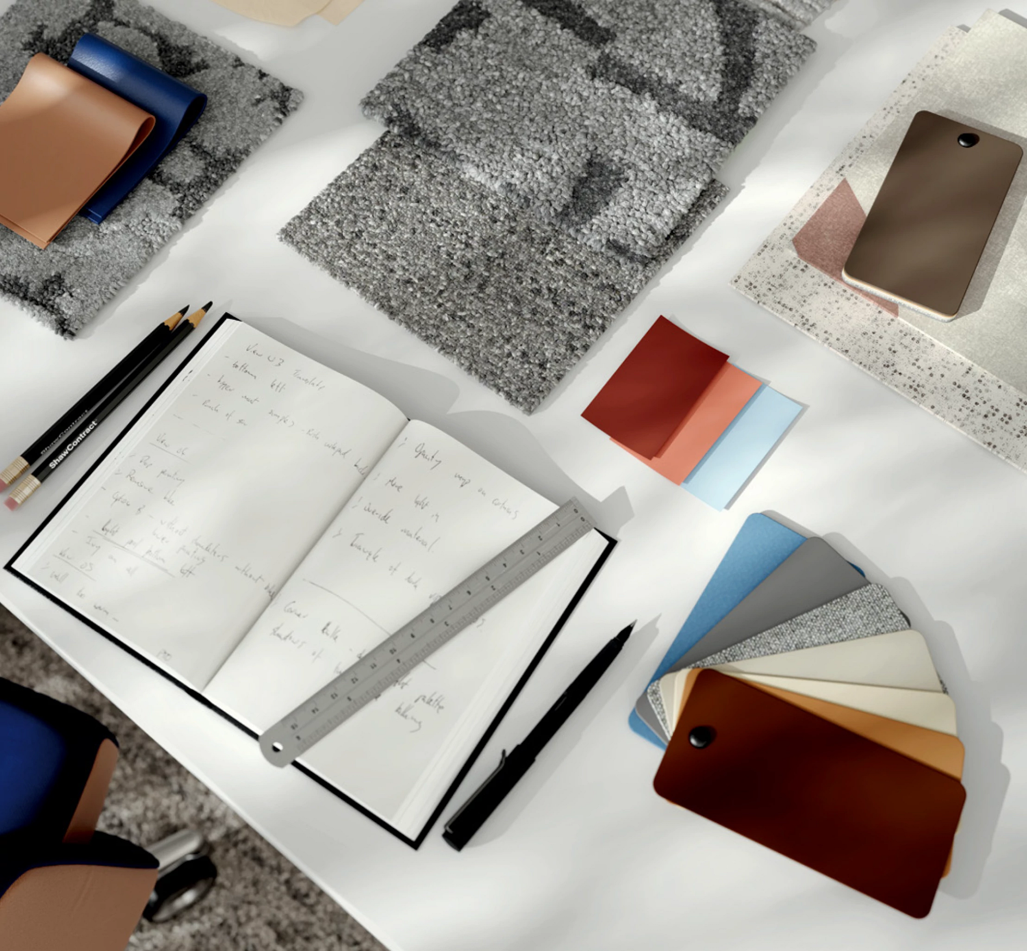 Commercial Carpet Tile Design Workspace with Gray Swatches and Color Samples Design workspace with commercial carpet tile swatches in gray tones, color samples, and design tools on a white table