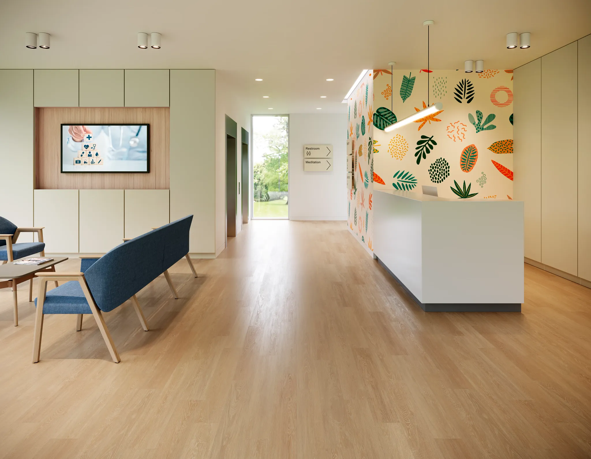 Modern waiting area with light wood flooring and colorful wall art