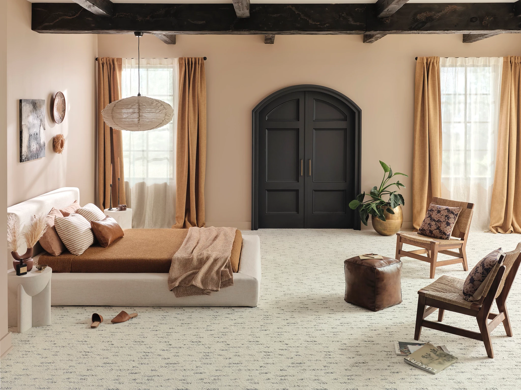 Elegant living room featuring plush beige carpet with subtle blue speckles