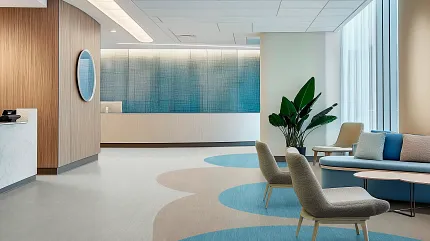 Healthcare Facility Lobby with Stylish Commercial Flooring Design ColorLink 5.0 in Sunny + Airy + Charm + Warmth and Migrate in Coastal Sand