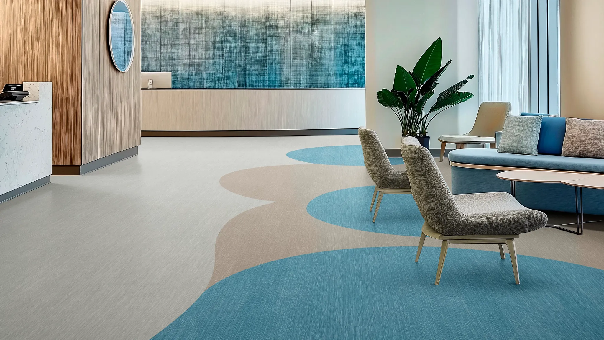 healthcare lobby with tan and blue luxury vinyl tile flooring