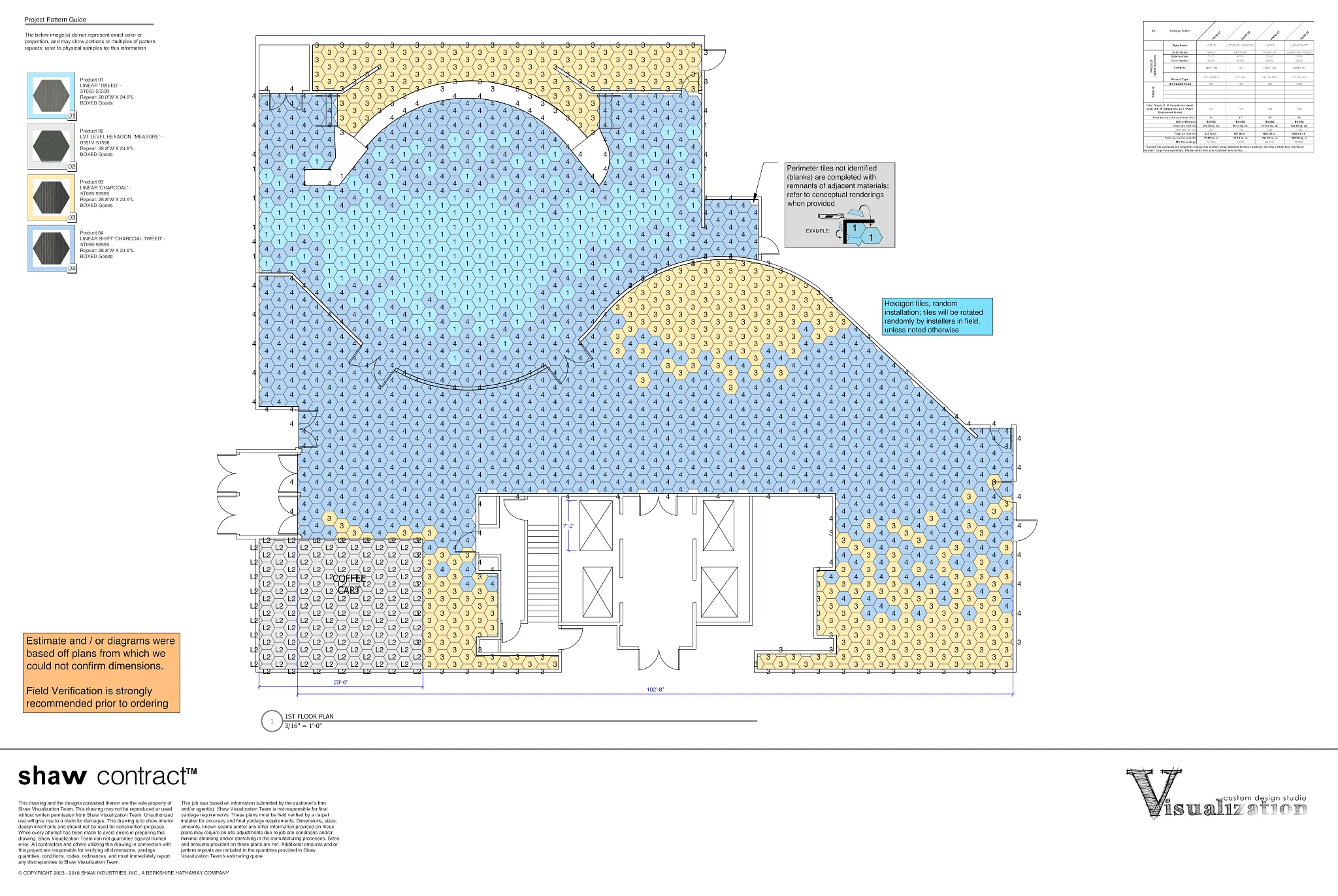 Shaw Contract flooring layout plan with blue and yellow hexagonal patterns