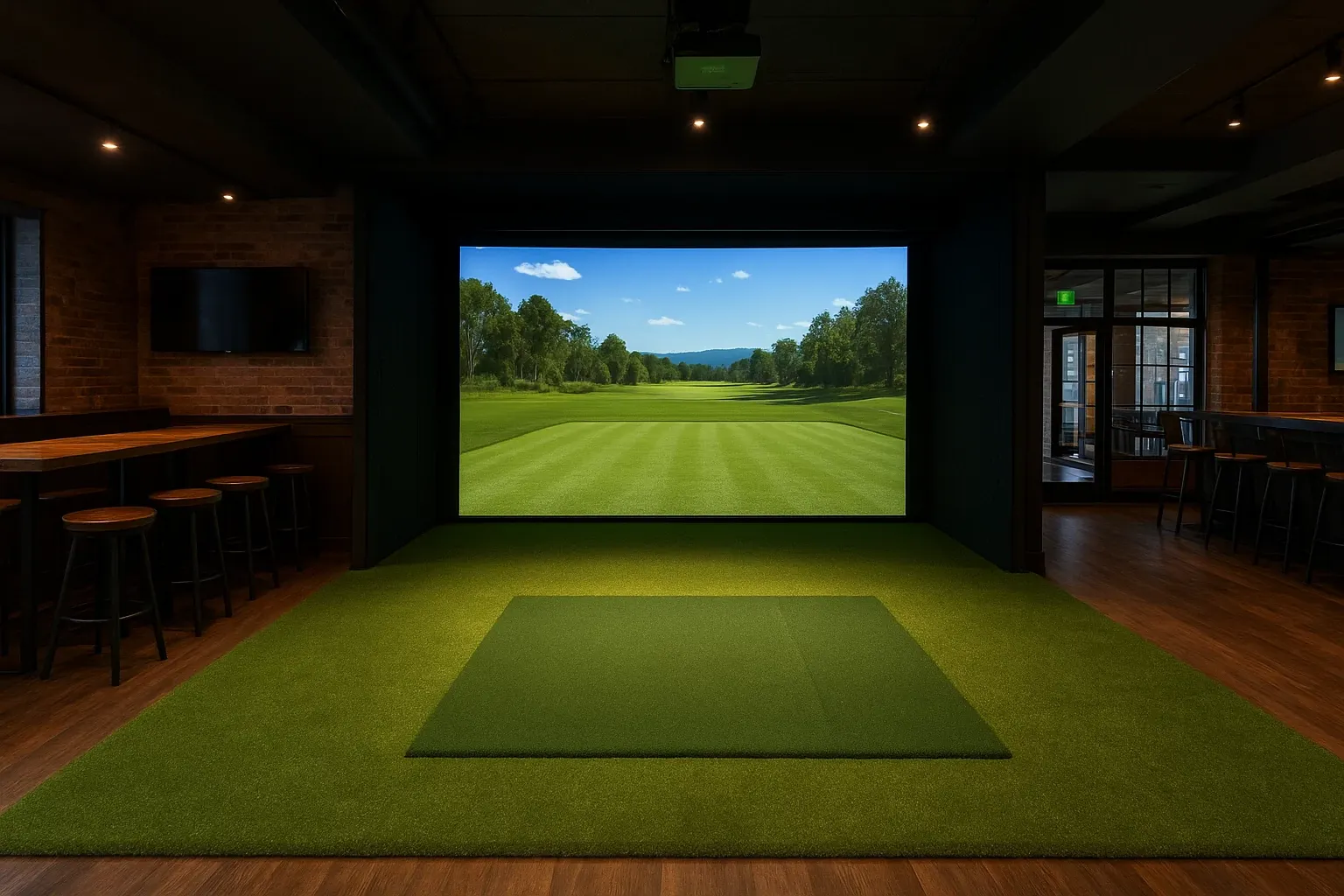 Indoor golf simulator room with green flooring