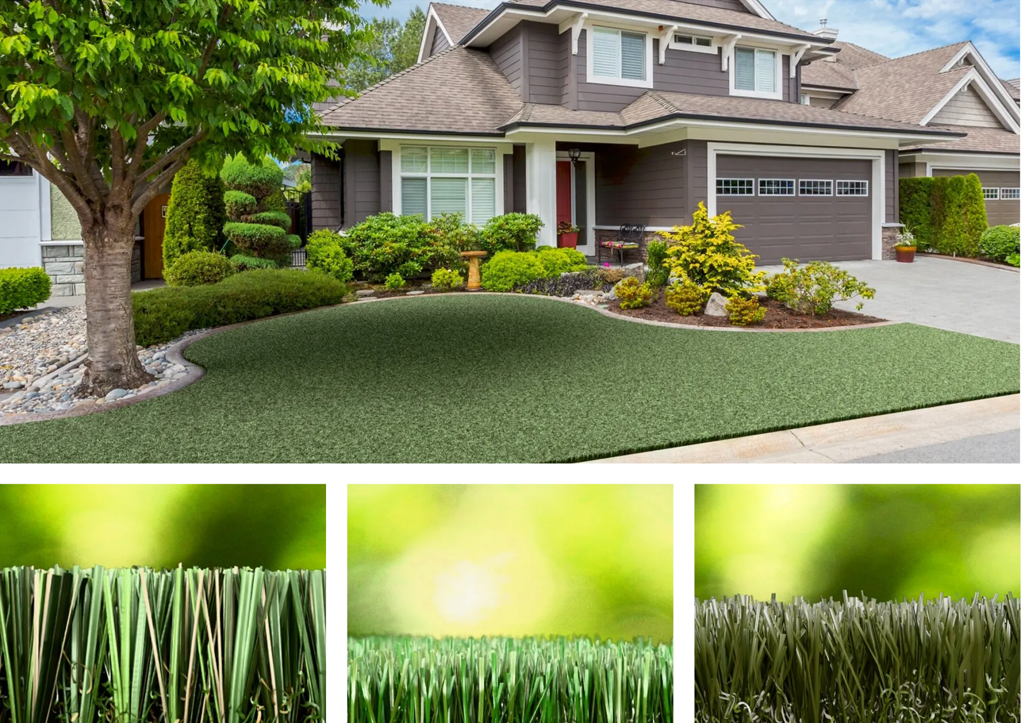 Artificial grass lawn in front of modern suburban home