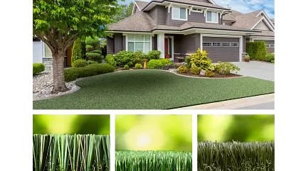 Durable synthetic turf for residential landscaping Artificial grass lawn in front of modern suburban home