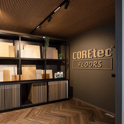 COREtec Floors Showroom Display with Luxury Vinyl Plank and Tile Samples Modern showroom with COREtec Floors display featuring various luxury vinyl plank and tile samples in wood and stone looks