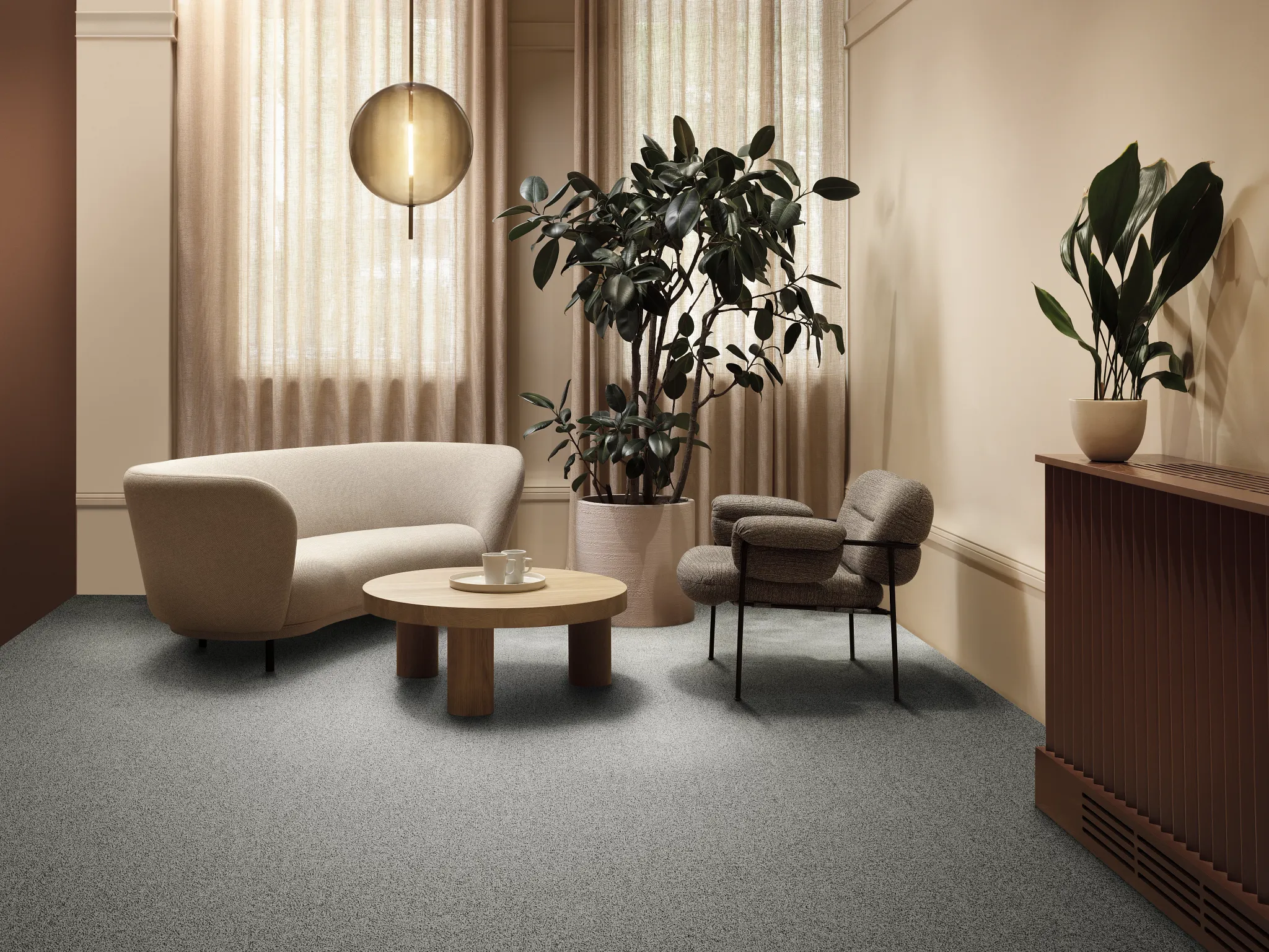 Modern reception area with green and gray commercial carpet tile