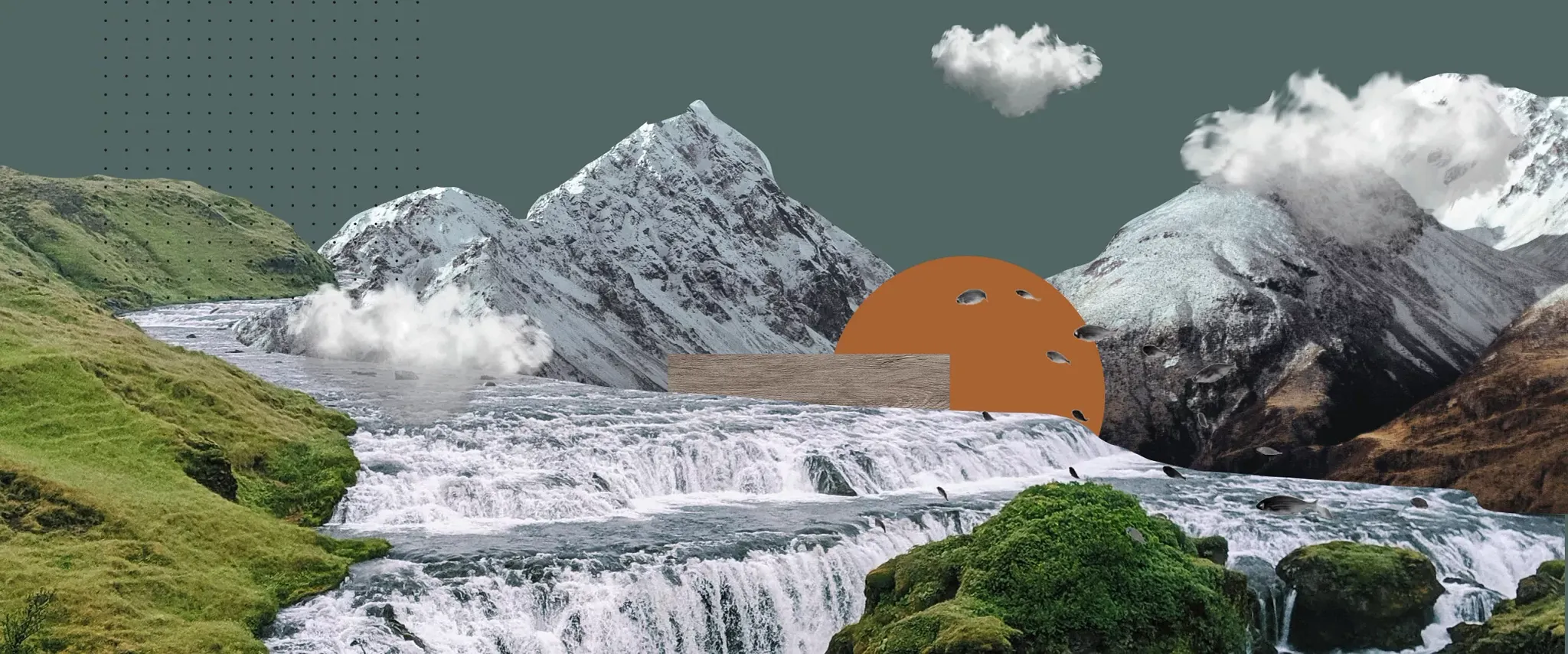 Stylised collage featuring New Zealand mountains, cascading waterfalls, moss-covered terrain, clouds and abstract design elements inspired by the natural landscape.
