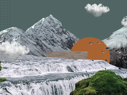 New Zealand Mountain and Waterfall Landscape Collage | Shaw Contract Stylised collage featuring New Zealand mountains, cascading waterfalls, moss-covered terrain, clouds and abstract design elements inspired by the natural landscape.