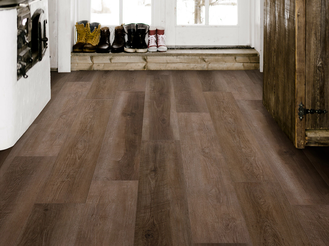 Trailblazer Brown flooring, shown in a room