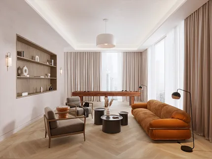 Contemporary Living Room with Herringbone Luxury Vinyl Tile Flooring Modern living room with herringbone luxury vinyl tile flooring, featuring a brown sofa, armchairs, and a foosball table