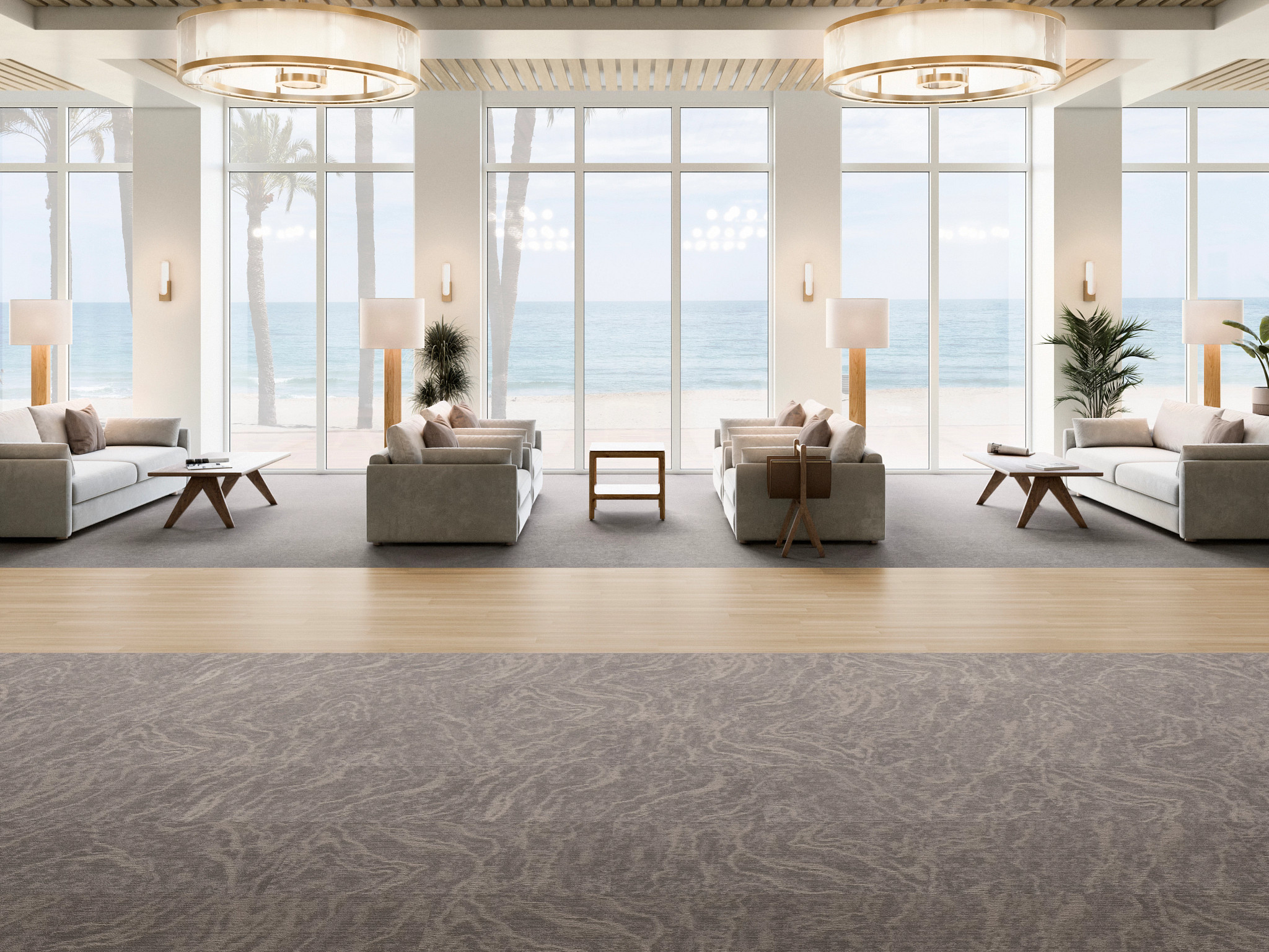 Modern beachfront lounge with carpet tile flooring