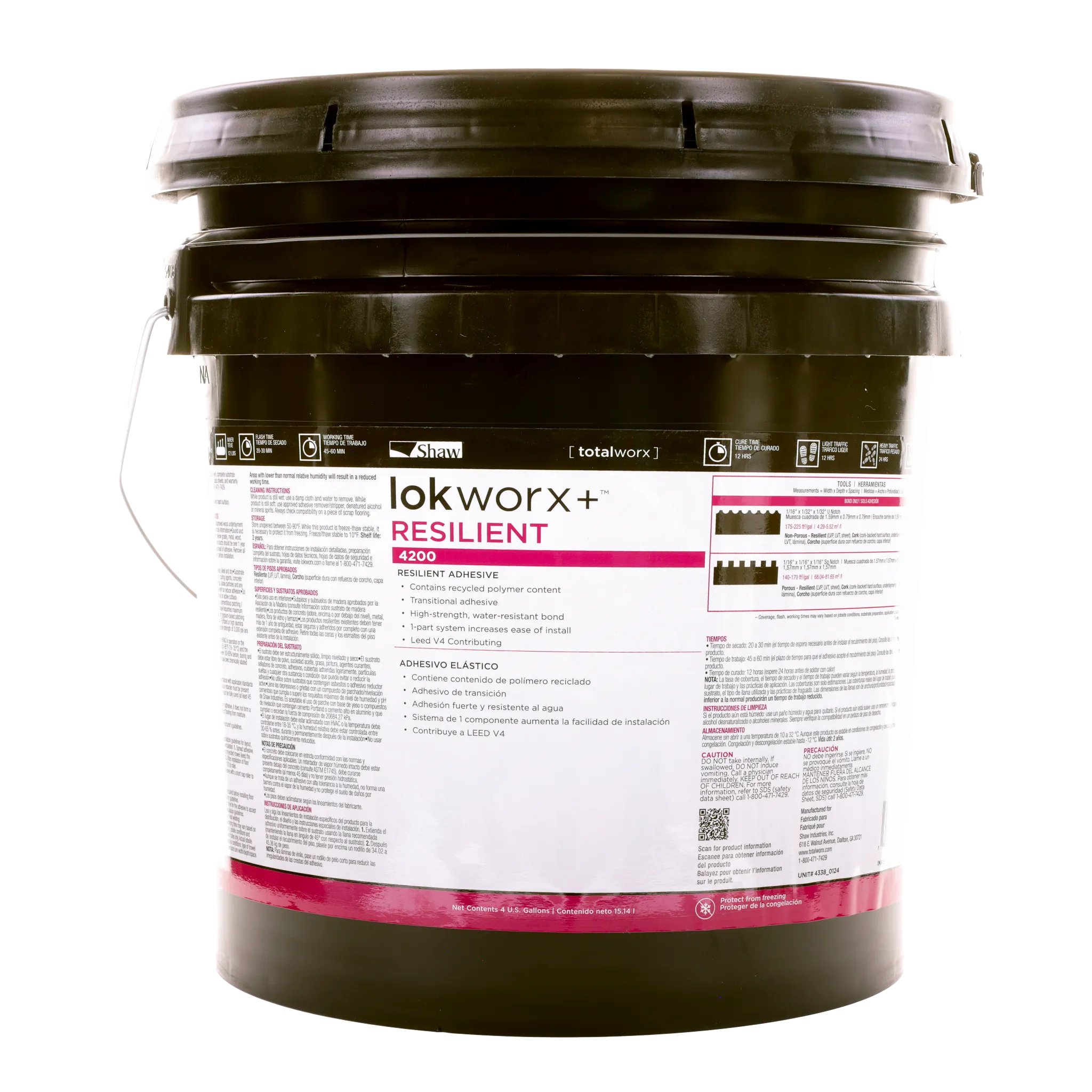 Shaw LokWorx+ Resilient Adhesive 4200 in black bucket with product label