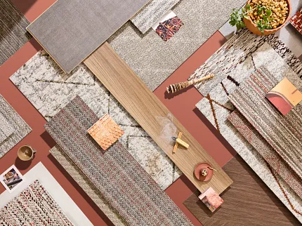 Diverse flooring options for versatile interior design Assorted carpet and flooring samples in neutral and earthy tones