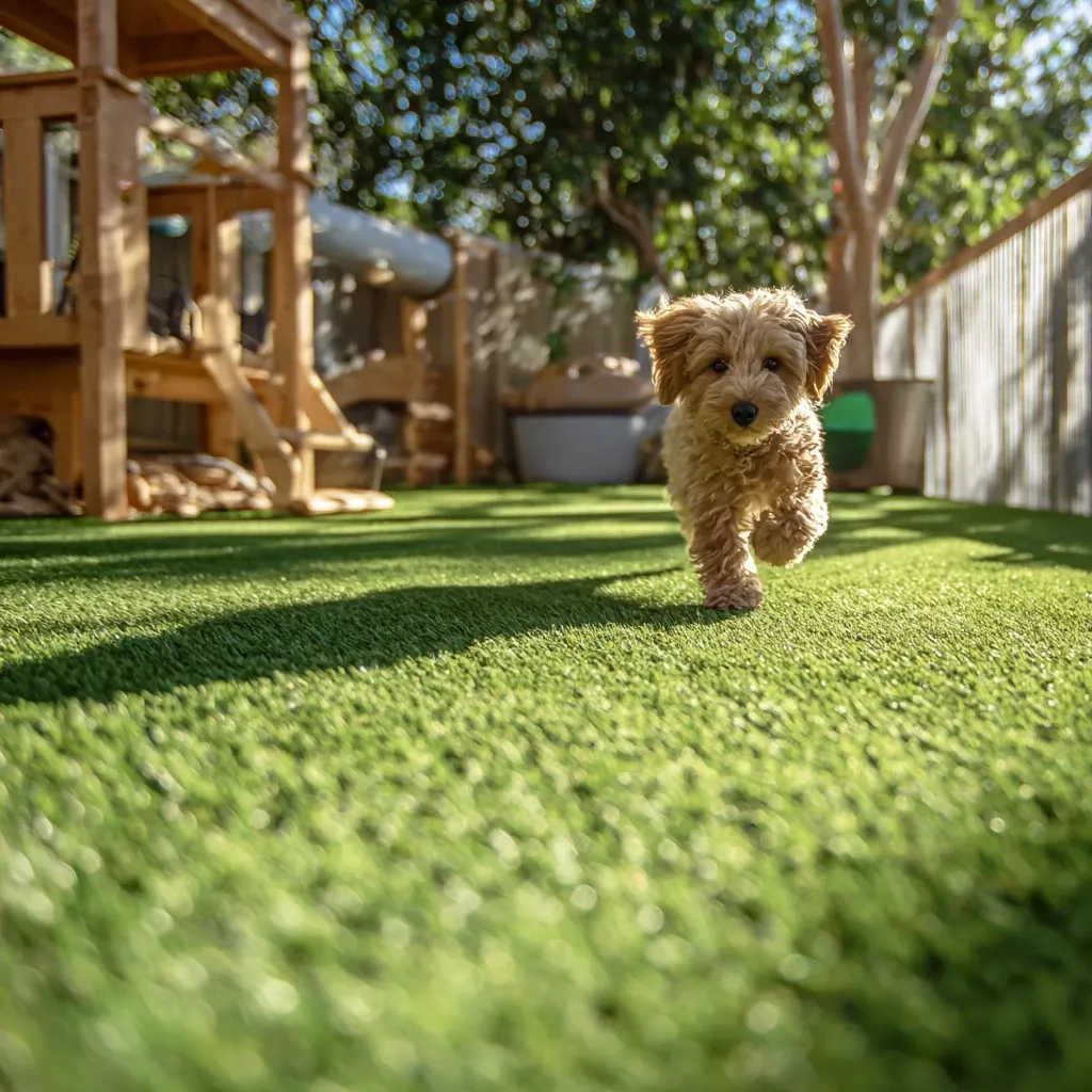 Artificial grass in a sunny backyard with a playful dog