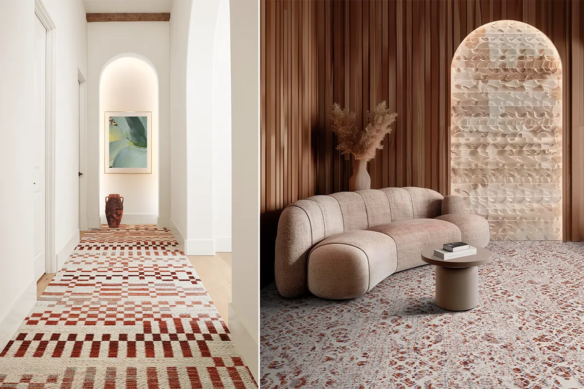 Modern living room and hallway with patterned carpet flooring