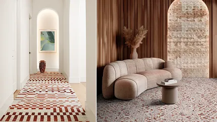 Stylish carpet designs for contemporary spaces Modern living room and hallway with patterned carpet flooring