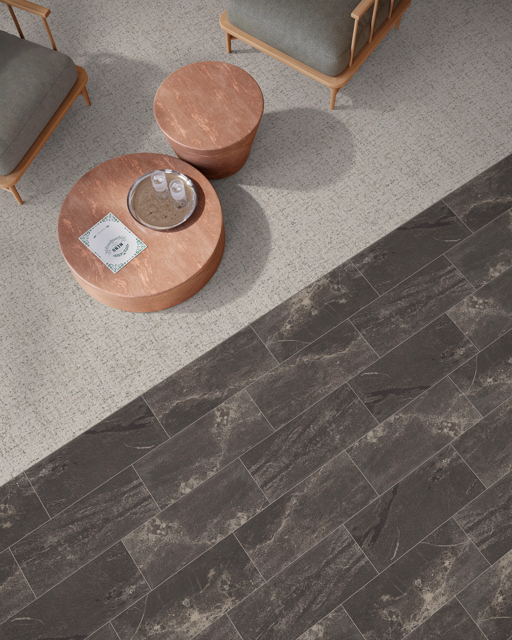 Modern living room with porcelain flooring featuring dark stone-like tiles and light speckled carpet