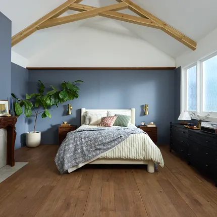 Wood Look Luxury Vinyl Plank Flooring in Modern Living Room Scene Modern living room with wood look luxury vinyl plank flooring and yellow sofa