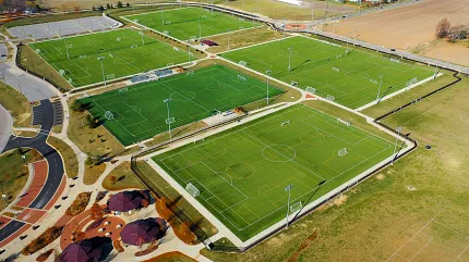 Aerial View of Sports Fields with Artificial Turf. Aerial view of multiple sports fields with artificial turf