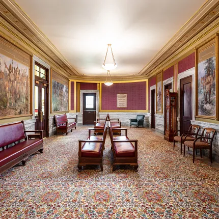 Luxurious carpet design for government interiors Ornate carpet in a government facility waiting room