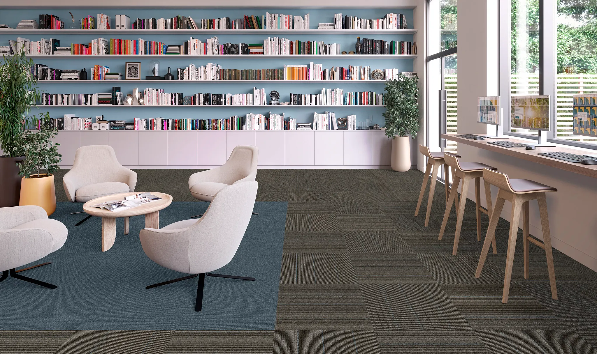 Modern education facility with comfortable seating and commercial carpet tile flooring in blue and brown tones