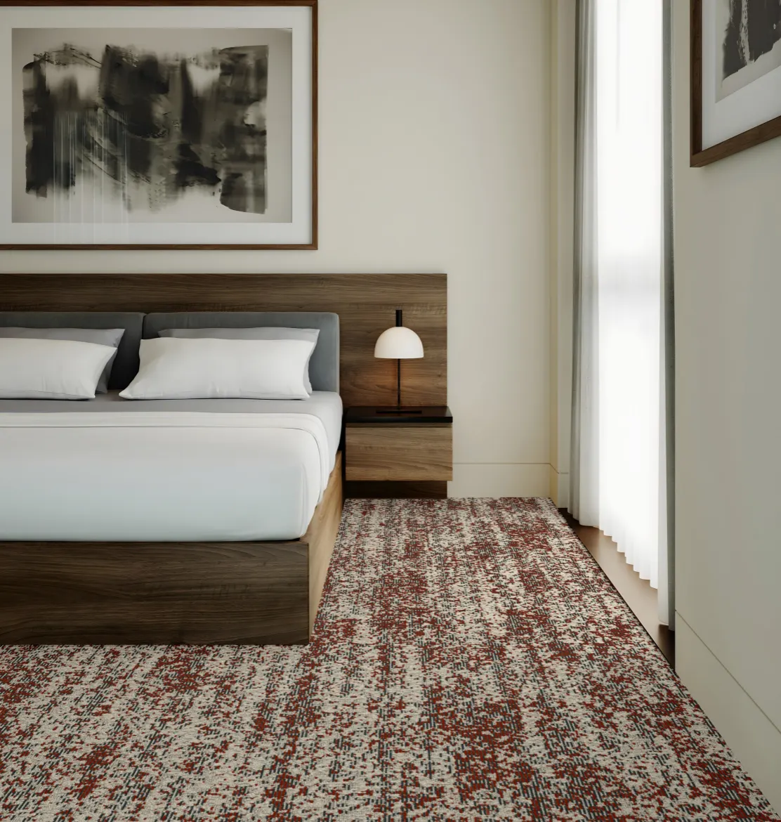 Modern bedroom with patterned carpet flooring