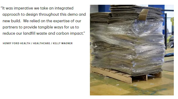 Stack of recycled flooring materials wrapped in plastic on a pallet in a healthcare facility