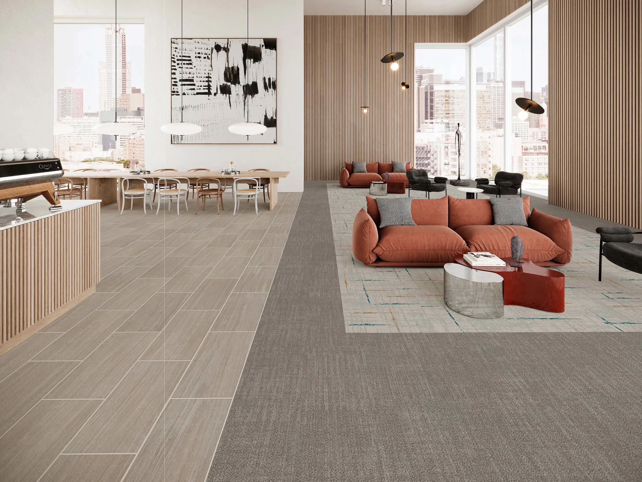 Modern office space with mixed flooring design
