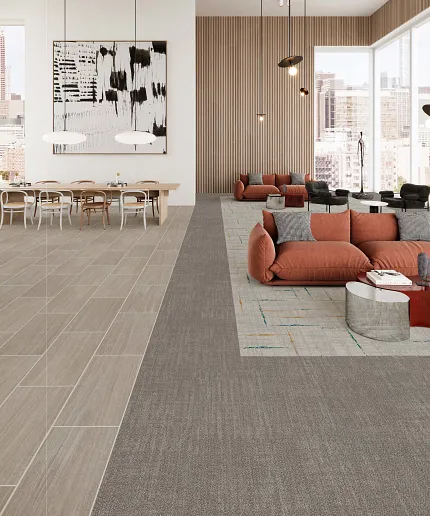 Contemporary office with stylish flooring solutions Modern office space with mixed flooring design