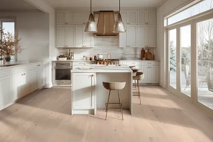 Light Hardwood Flooring in Contemporary Kitchen Setting Modern kitchen with light hardwood flooring, white cabinetry, and large windows offering a cozy and inviting atmosphere