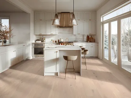 Light Hardwood Flooring in Contemporary Kitchen Setting Modern kitchen with light hardwood flooring, white cabinetry, and large windows offering a cozy and inviting atmosphere