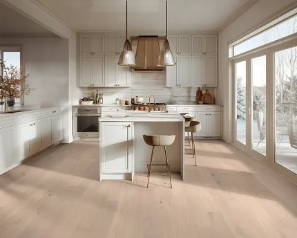 Light Hardwood Flooring in Contemporary Kitchen Setting Modern kitchen with light hardwood flooring, white cabinetry, and large windows offering a cozy and inviting atmosphere