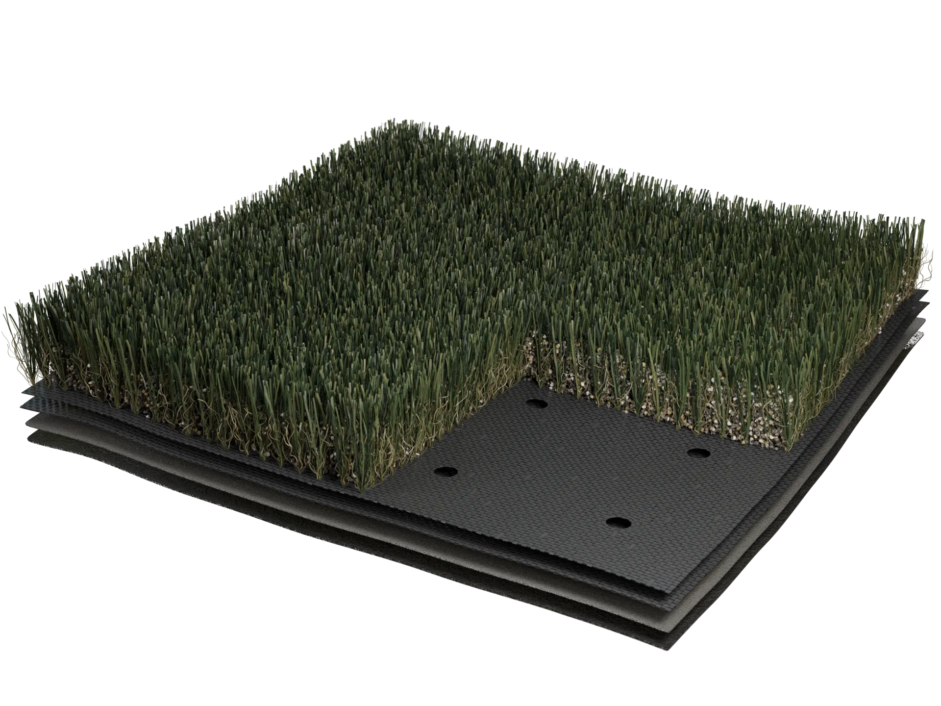 Artificial grass flooring sample with layered construction