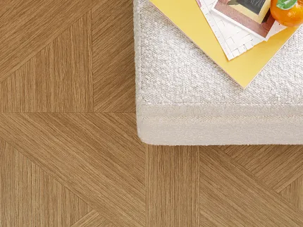 Heavy Commercial LVT Flooring with Fiberglass - 18x18 inch Heavy Commercial Luxury Vinyl Tile in a geometric pattern with a natural wood finish, featuring 18x18 inch dimensions