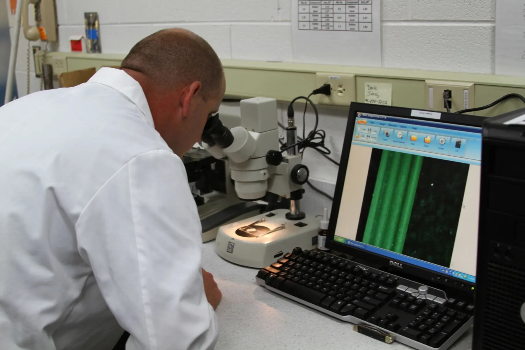 Laboratory technician analyzing samples under a microscope