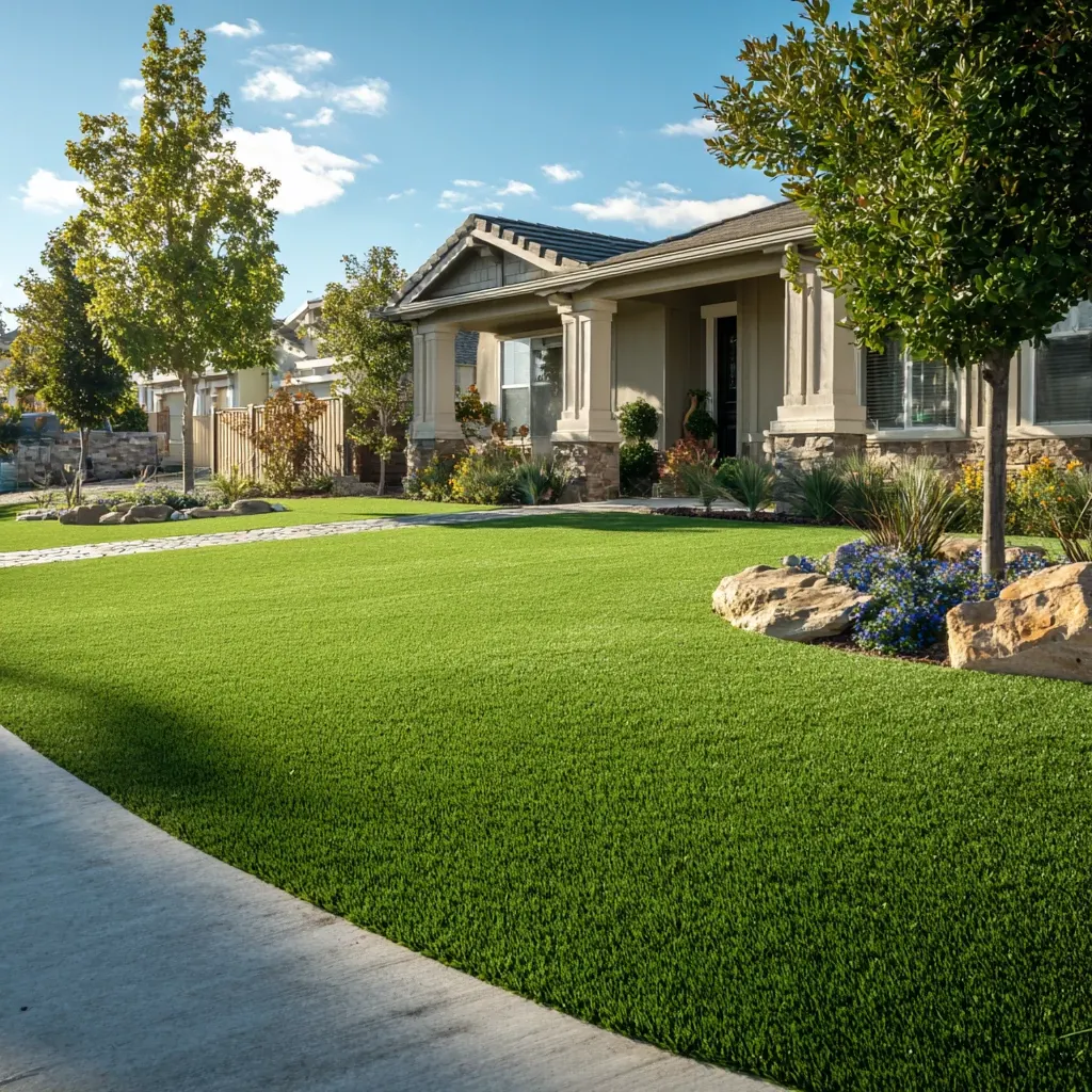 Lush green artificial grass in a suburban front yard