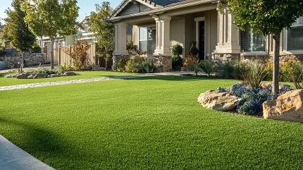 Premium synthetic turf for beautiful landscapes Lush green artificial grass in a suburban front yard