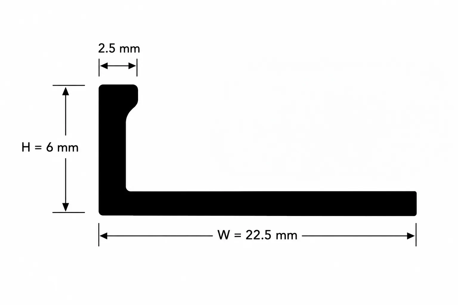 Diagram of flooring profile with dimensions 22.5 mm width and 6 mm height