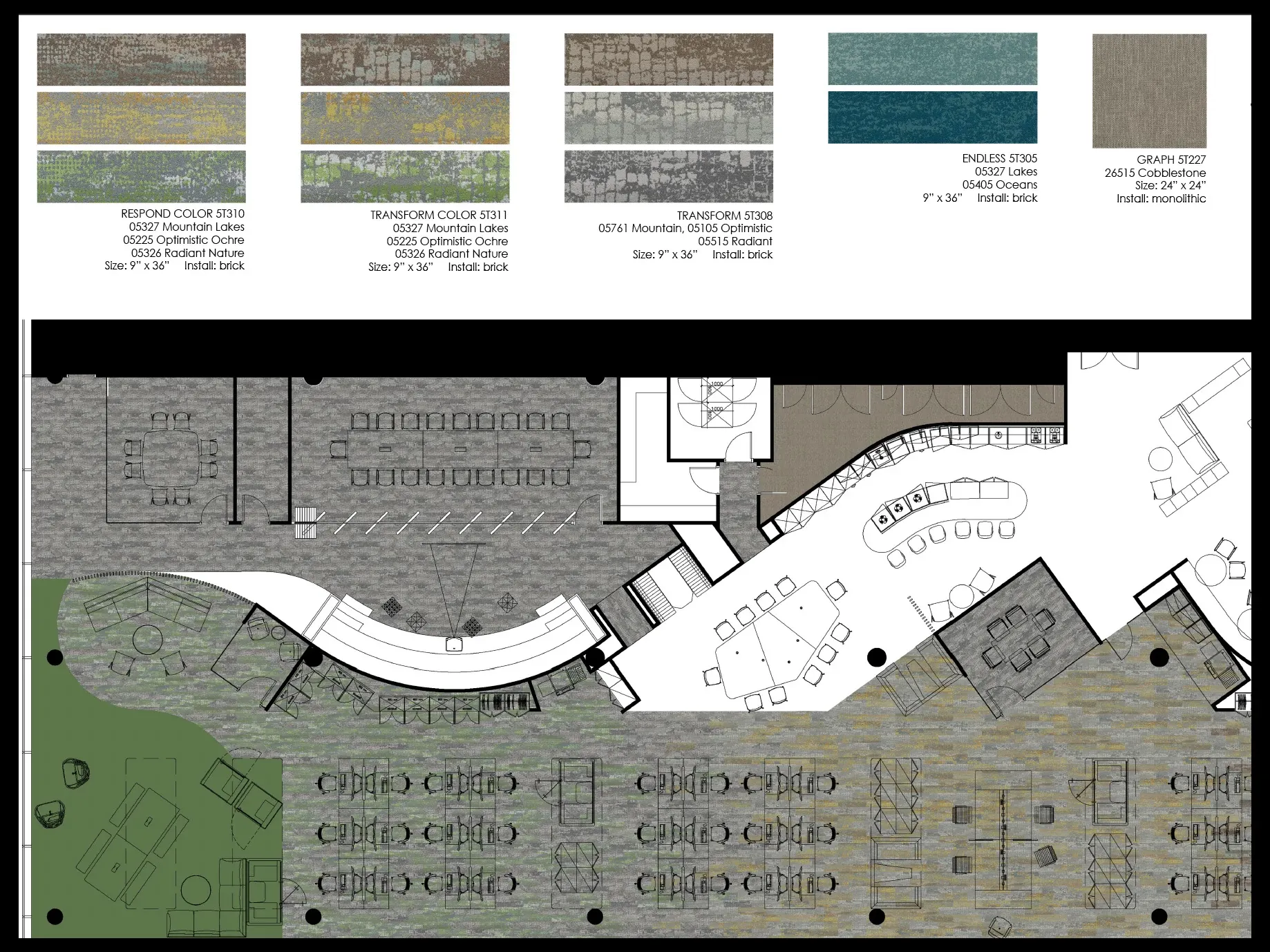 Commercial carpet tile swatches in various colors including Mountain Lake, Optimistic, Radiant Nature, Lates, Cobblestone, and floor plan layout