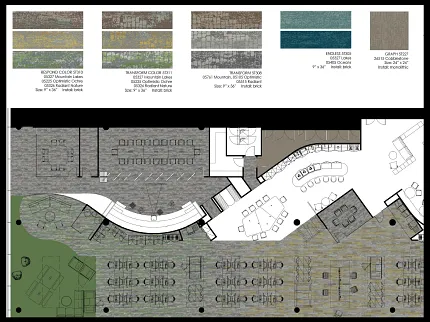 Commercial Carpet Tile Swatches and Floor Plan Layout for Education Facility Commercial carpet tile swatches in various colors including Mountain Lake, Optimistic, Radiant Nature, Lates, Cobblestone, and floor plan layout