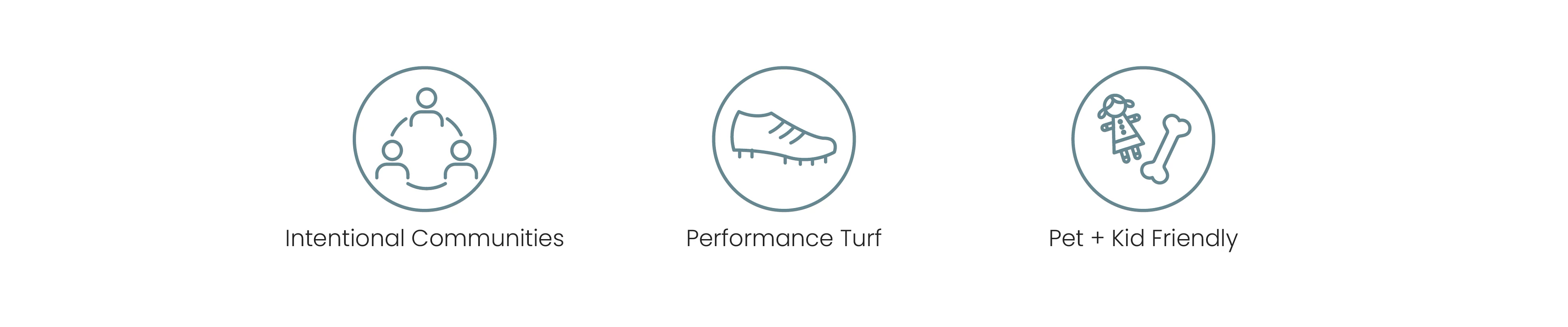 Performance Turf icons covering: Intentional Communities, Performance Turf, and Pet + Kid Friendly