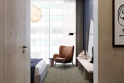 Contemporary Hospitality Room with Stylish Commercial Carpet Tile Modern hotel room with patterned commercial carpet tile, featuring a brown armchair and large window