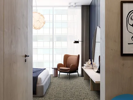 Contemporary Hospitality Room with Stylish Commercial Carpet Tile Modern hotel room with patterned commercial carpet tile, featuring a brown armchair and large window