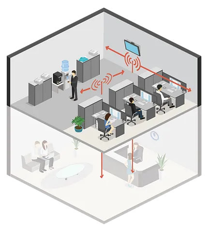 Modern Office Environment with Employees and Reception Area Illustration of a modern office environment with employees working at desks and a reception area