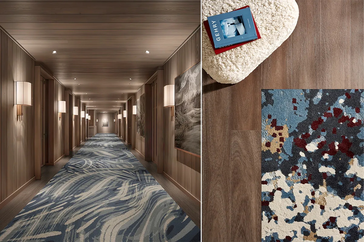 Modern hallway with abstract blue carpet and close-up of multicolor carpet swatch