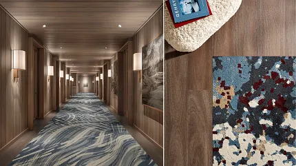 Stylish carpet designs for contemporary spaces Modern hallway with abstract blue carpet and close-up of multicolor carpet swatch