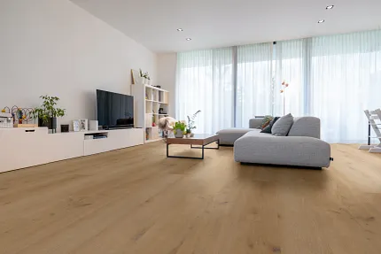 Light Wood Look Luxury Vinyl Plank Flooring in Modern Living Room Modern living room with light wood look luxury vinyl plank flooring, large windows, and contemporary furniture