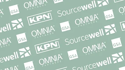 Sourcewell and OMNIA Partners collaboration logos Logos of Sourcewell, OMNIA Partners, KPN, and GSA on a green background