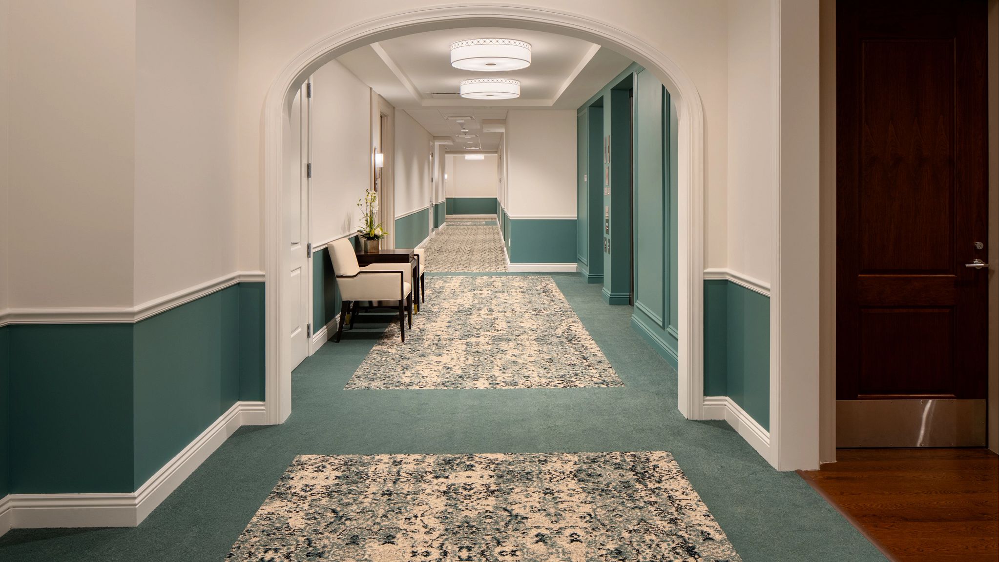 senior living hallway with commercial custom broadloom carpet